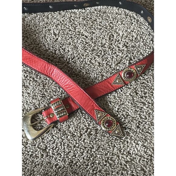 Leatherock Red Leather Belt Embellished Studded Gold Hardware 6051 Sz M Western main image 6